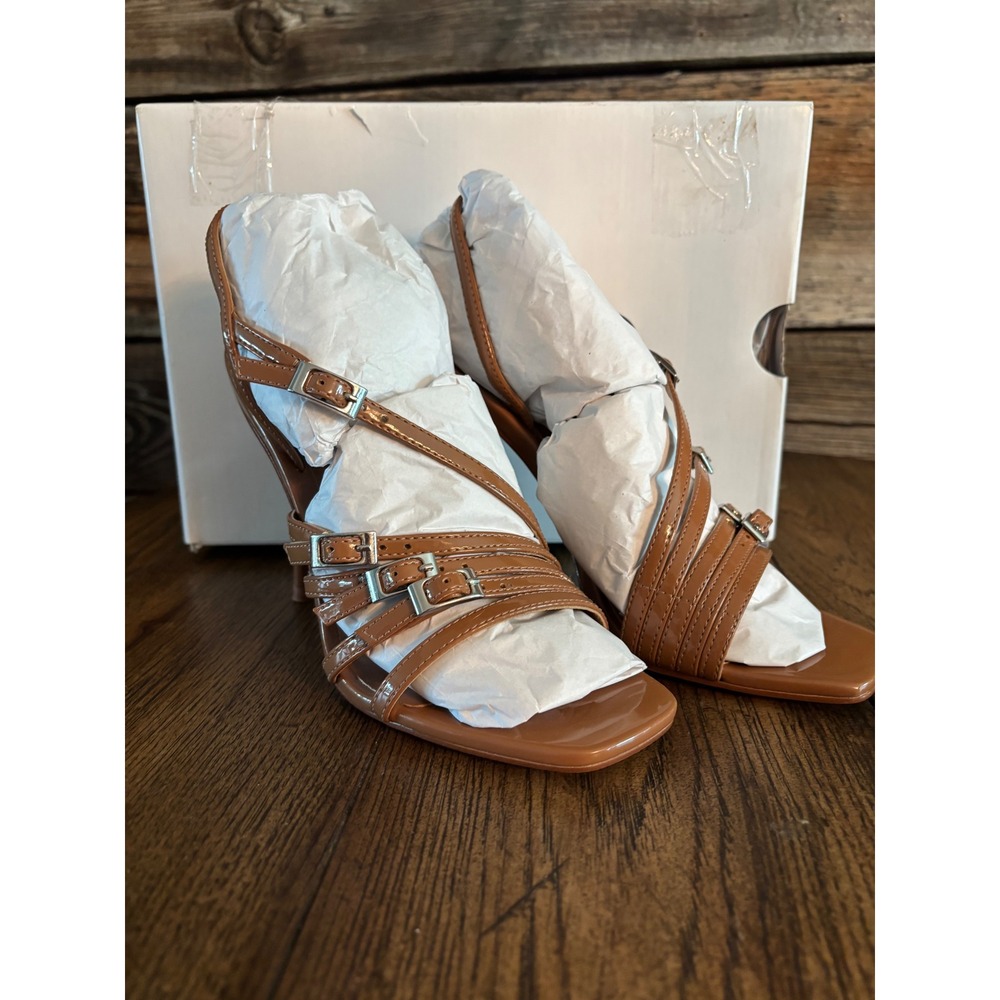 Aldo Xara-210 Tan Patent Strappy Buckle Stiletto Heel Sandals Womens 7 NEW